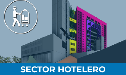 Illustration of a modern hotel building with colorful sections, a circular hotel service icon showing a person pushing a luggage cart, and the text SECTOR HOTELERO on a blue banner at the bottom.
