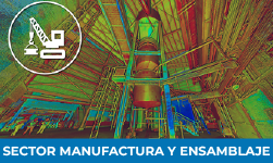 Interior of a brightly colored industrial facility with large machinery. An icon of a crane lifting an object is in the upper left corner. Text at the bottom reads SECTOR MANUFACTURA Y ENSAMBLAJE in Spanish.