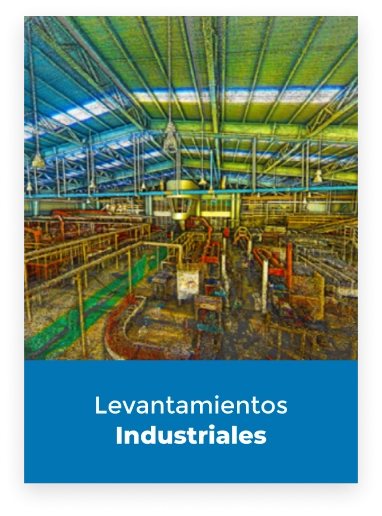 Interior de una gran instalación industrial con estructuras metálicas y maquinaria. Texto en la parte inferior: Levantamientos Industriales sobre fondo azul.