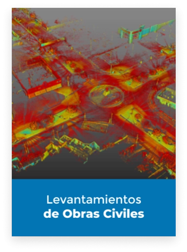 Escaneado LiDAR aéreo de una rotonda y las calles circundantes muestra datos de elevación en color. El texto debajo dice: "Levantamientos de Obras Civiles" en una pancarta azul.