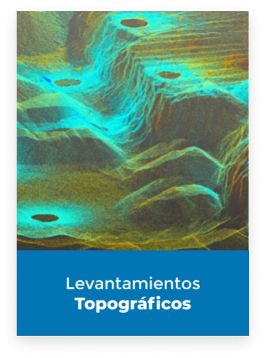 Mapa topográfico en color con curvas de nivel y terreno sombreado, que muestra los cambios de elevación. El texto Levantamientos Topográficos aparece en una banda azul en la parte inferior de la imagen.