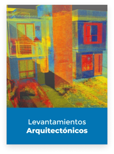 Ilustración digital de un edificio en tonos rojos y azules. Debajo, una pancarta azul muestra el texto en español Levantamientos Arquitectónicos.