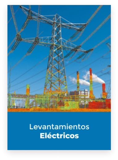 Torre de transmisión eléctrica de alta tensión y líneas eléctricas en una instalación industrial, con chimeneas al fondo. Texto debajo: Levantamientos Eléctricos sobre fondo azul.