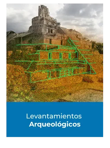 Antiguas ruinas de piedra con un cielo nublado de fondo, superpuesto con líneas digitales verdes que delinean la estructura. Debajo, una pancarta azul reza Levantamientos Arqueológicos.
