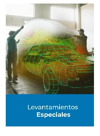 Dos personas utilizan la tecnología de escaneado 3D en un coche en un entorno industrial, con una superposición digital verde alrededor del vehículo. El texto que aparece debajo dice: Levantamientos Especiales.