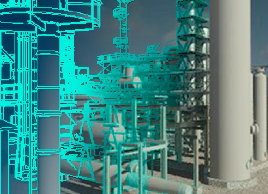 Una imagen compuesta digital que presenta un escaneado industrial LiDAR con un modelo de alambre 3D de una planta industrial superpuesto en un renderizado fotorrealista, destacando estructuras como tuberías, columnas y armazones.