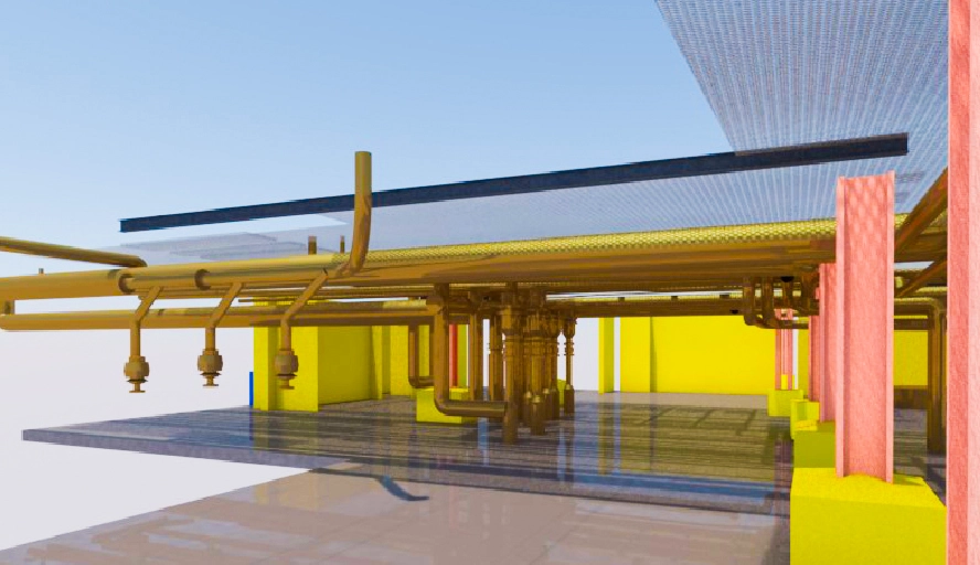Un modelo industrial LiDAR en 3D del interior de un edificio muestra tuberías y elementos estructurales amarillos a la vista, paredes de vivos colores amarillo y rojo, suelos reflectantes y un techo parcialmente transparente sobre un fondo de cielo despejado.