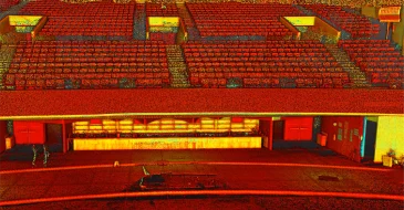 Una imagen alterada digitalmente que muestra filas de butacas rojas vacías y un puesto de comida brillante e iluminado debajo, capturada con Escaneo LiDAR CDMX para obtener colores cálidos vivos y un efecto abstracto texturizado.