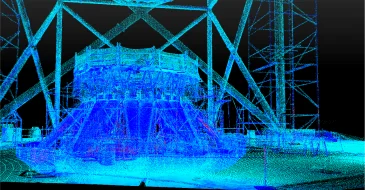 nube de puntos de una gran estructura industrial visualizada en tonos de azul y cian sobre un fondo oscuro-revelando finos detalles estructurales a través de un escaneo LiDAR CDMX.