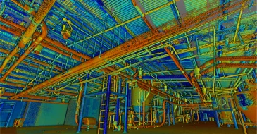 Nube de puntos del interior de una instalación industrial, con tuberías, vigas y maquinaria bajo un tejado metálico en vibrantes tonos azules, naranjas y verdes: un aspecto digital de superposición térmica inspirado en LiDAR en Monterrey.