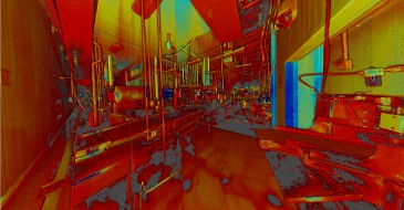 Nube de puntos del interior de una fábrica industrial en Monterrey, con cintas transportadoras, tuberías, maquinaria y luces superiores -mejoradas con LiDAR para un mapeado preciso- con vivos tonos rojos, azules y amarillos que crean un efecto abstracto de alto contraste.