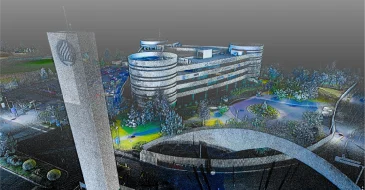 nube de puntos de un edificio moderno de varias plantas con bordes redondeados, creada con LiDAR en Monterrey, rodeado de árboles, un aparcamiento y una alta torre en primer plano.